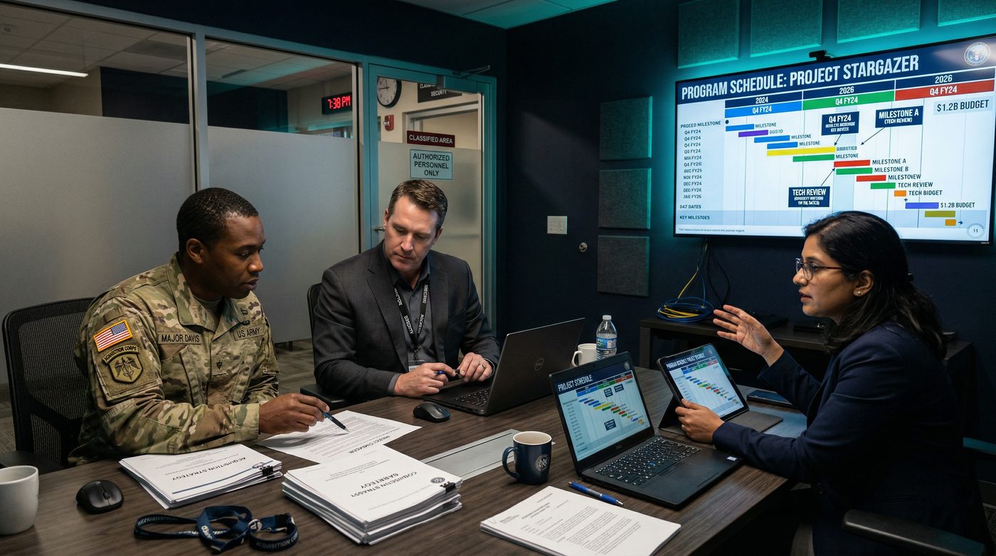 Defense acquisition team collaborating in a secure facility